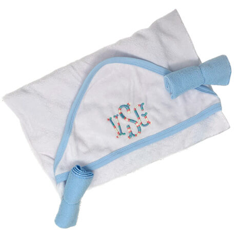 blue hooded towel with monogram